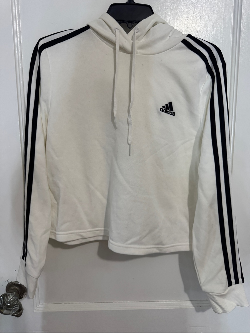 adidas Cropped White Hoodie with Black Three-Stripe Detail